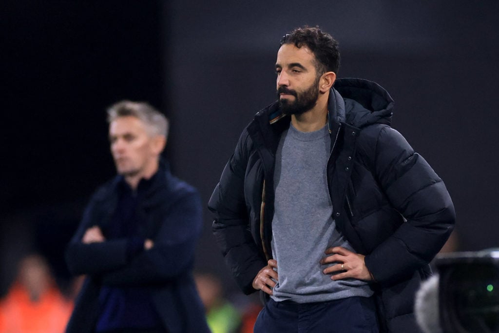 Ruben Amorim, Head Coach of Manchester United, reacts during the Premier League match between Ipswich Town FC and Manchester United FC at Portman R...