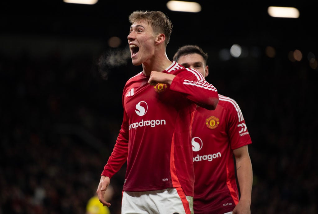 Rasmus Hojlund of Manchester United celebrates scoring his first goal during the UEFA Europa League 2024/25 League Phase MD5 match between Manchest...