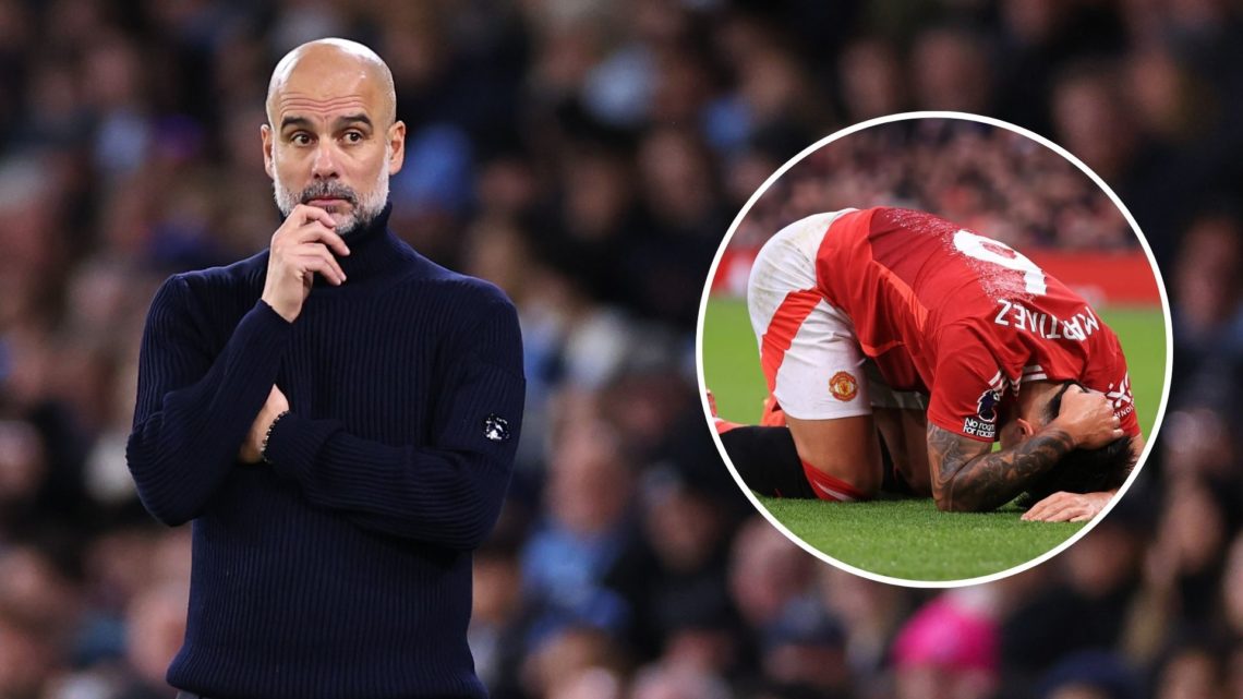 Pep Guardiola. Inset, Lisandro Martinez lies injured.