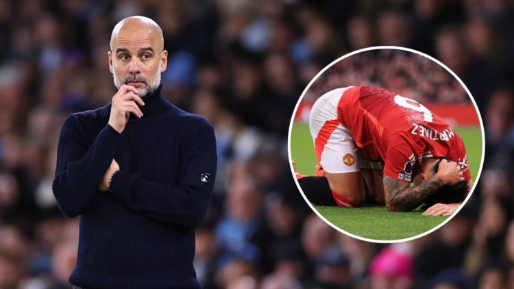 Pep Guardiola. Inset, Lisandro Martinez lies injured.