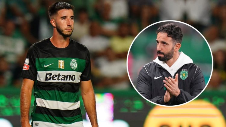 Goncalo Inacio of Sporting CP during the Liga Portugal Betclic match between Sporting CP and Rio Ave FC. Inset, Ruben Amorim.