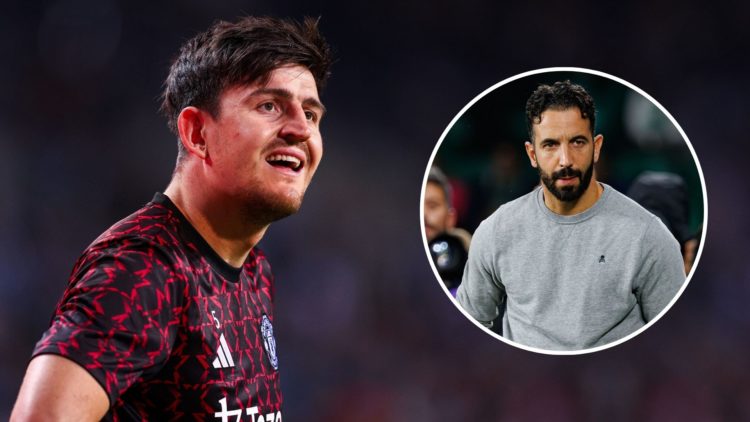 Harry Maguire of Manchester United gestures during warm ups prior to the UEFA Europa League 2024/25 League Phase MD2 match between FC Porto and Man...