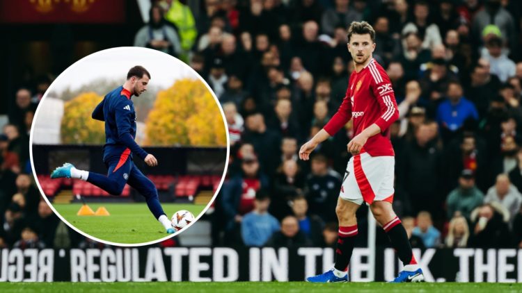 Mason Mount of Manchester United in action during the Premier League match between Manchester United FC and Tottenham Hotspur FC at Old Trafford on...