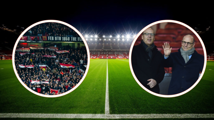 Manchester United interior stadium. Inset, United fans with flags, inset, Glazer brothers looking smug