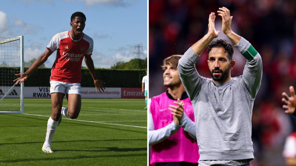 Chido Obi-Martin celebrating and Ruben Amorim clapping split images