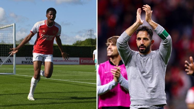 Chido Obi-Martin celebrating and Ruben Amorim clapping split images