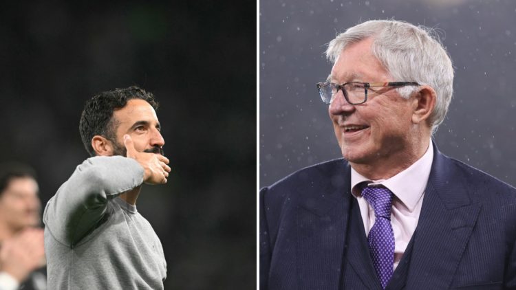 Ruben Amorim celebrating and happy Sir Alex Ferguson split image