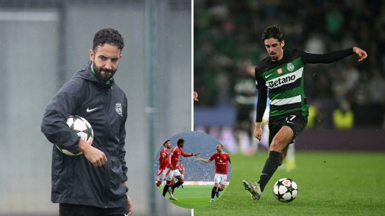 Ruben Amorim on training pitch, Trincao dribbling and inset Marcus Rashford celebrating