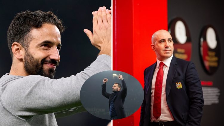 Ruben Amorim clapping and Omar Berrada walking split, Ruud van Nistelrooy celebrating as inset