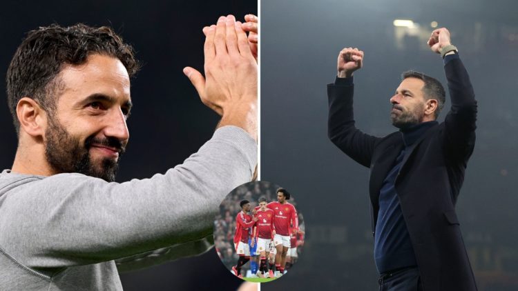 Ruben Amorim and Van Nistelrooy celebrating split, Amad with Garnacho and Joshua Zirkzee inset