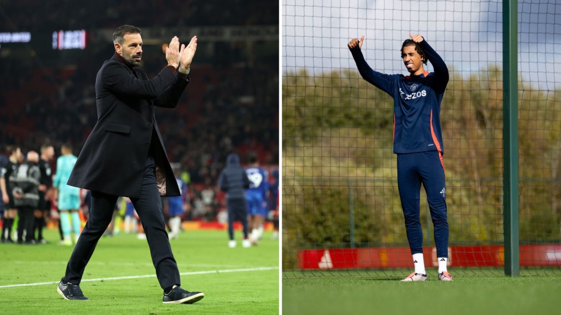 Ruud van Nistelrooy applauding and Leny Yoro thumb up in training split