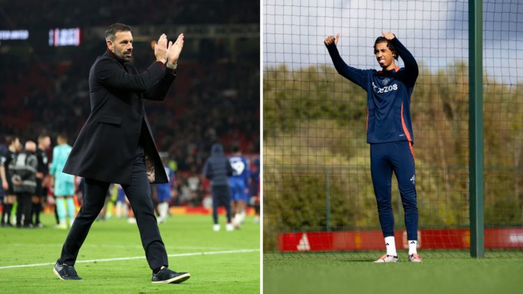 Ruud van Nistelrooy applauding and Leny Yoro thumb up in training split