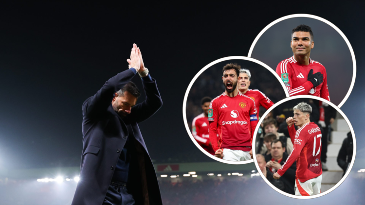 Ruud Van Nistelrooy thanks the Old Trafford crowd after 5-2 win over Leicester. Inset, Bruno Fernandes celebrates his goal passionately. Inset Alej...