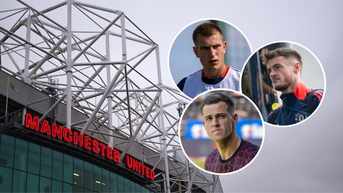 Old Trafford. Inset, Radek Vitek, Rhys Bennett, and Joe Hugill.