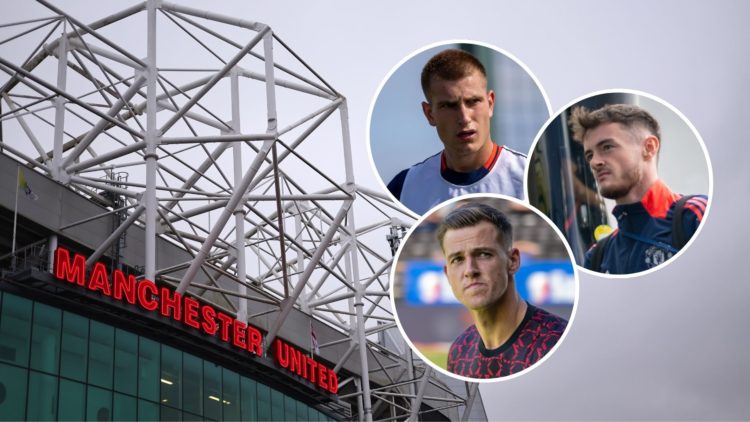 Old Trafford. Inset, Radek Vitek, Rhys Bennett, and Joe Hugill.