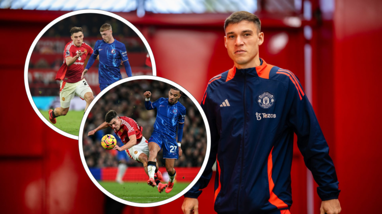 Manuel Ugarte arrives at Old Trafford. Inset Ugarte battles Cole Palmer for the ball. Inset Ugarte is fouled by Malo Gusto as he tries to shoot.