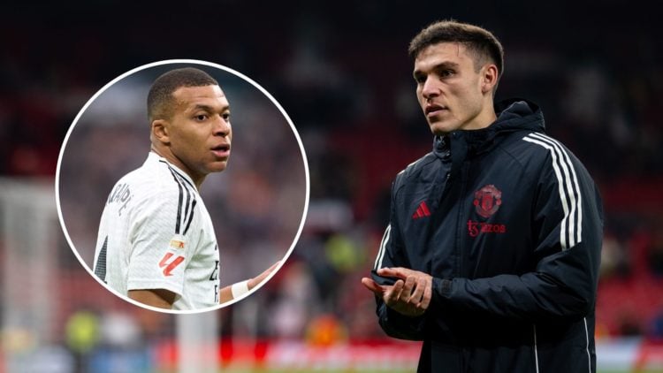 Manuel Ugarte of Manchester United applauds fans following the UEFA Europa League 2024/25 League Phase MD4 match between Manchester United and PAOK...