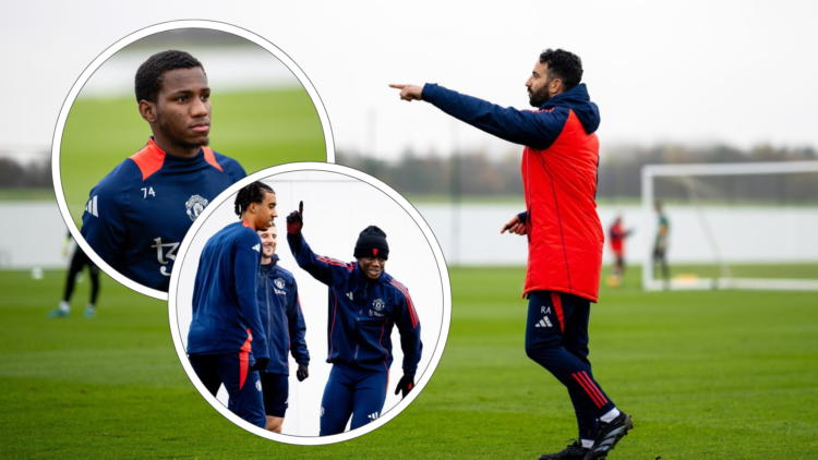 Ruben Amorim gestures in Man Utd training. Inset, Malachi Sharpe, inset, Kobbie Mainoo points in the air, Mason Mount and Leny Yoro smile