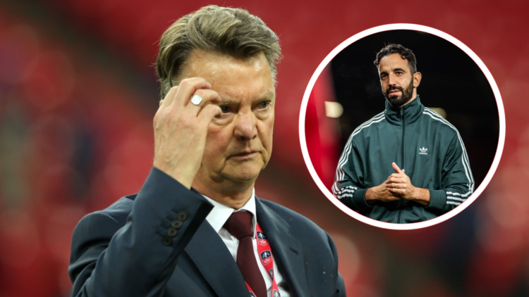 Louis van Gaal with one hand on his forehead. Inset, Ruben Amorim thinks