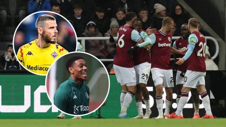 Aaron Wan-Bissaka of West Ham United celebrates with his teammates. Inset, David de Gea and Anthony Martial.