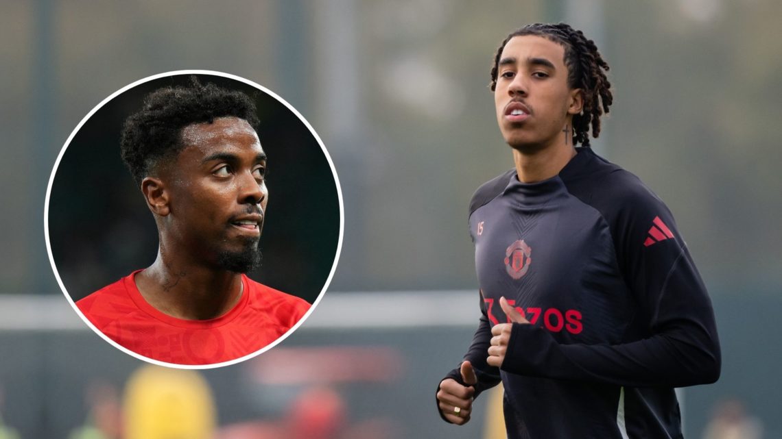 Leny Yoro of Manchester United trains during the UEFA Europa League 2024/25 League Phase MD4 training and press conference at Carrington Training G...