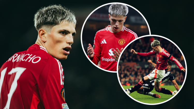 MANCHESTER, ENGLAND - NOVEMBER 07: Alejandro Garnacho of Manchester United in action during the UEFA Europa League 2024/25 League Phase MD4 match b...
