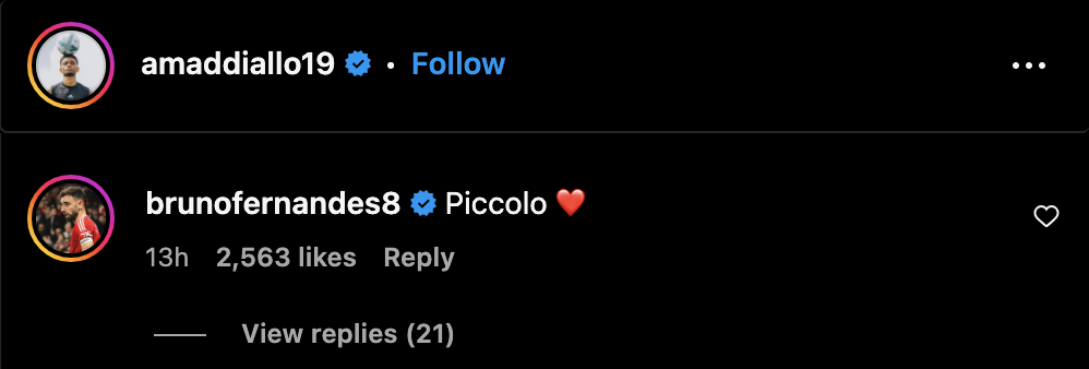 Bruno Fernandes’ message to Amad Diallo after Manchester United’s win against Leicester City. Credit: Instagram
