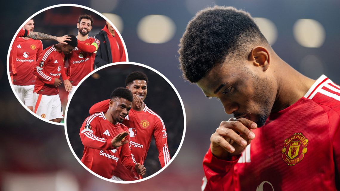 MANCHESTER, ENGLAND - NOVEMBER 07: Amad Diallo of Manchester United reacts following the UEFA Europa League 2024/25 League Phase MD4 match between ...