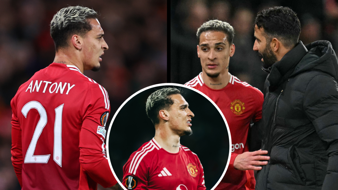 Manchester United's Portuguese head coach Ruben Amorim (R) speaks with Manchester United's Brazilian midfielder #21 Antony (L) after he was substit...