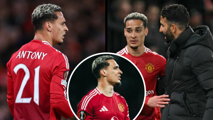 Manchester United's Portuguese head coach Ruben Amorim (R) speaks with Manchester United's Brazilian midfielder #21 Antony (L) after he was substit...