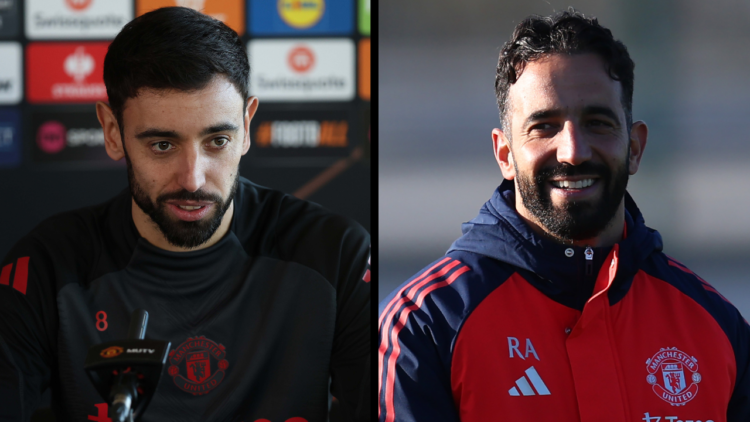 MANCHESTER, ENGLAND - NOVEMBER 27: Bruno Fernandes of Manchester United during his pre match press conference during the UEFA Europa League 2024/25...
