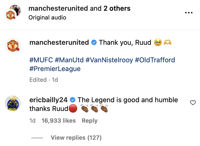 Eric Bailly’s message after Manchester United’s tribute video and post for Ruud van Nistelrooy. Credit: Instagram