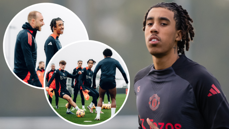 MANCHESTER, ENGLAND - NOVEMBER 06: Leny Yoro of Manchester United trains during the UEFA Europa League 2024/25 League Phase MD4 training and press ...