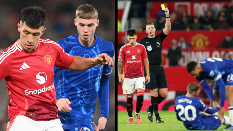 MANCHESTER, ENGLAND - NOVEMBER 03: Lisandro Martinez of Manchester United is shown a yellow card from referee Robert Jones after a foul on Cole Pal...