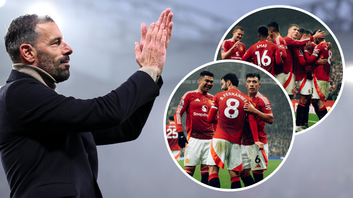 MANCHESTER, ENGLAND - NOVEMBER 10: Ruud van Nistelrooy the interim head coach / manager of Manchester United applauds the fans during the Premier L...