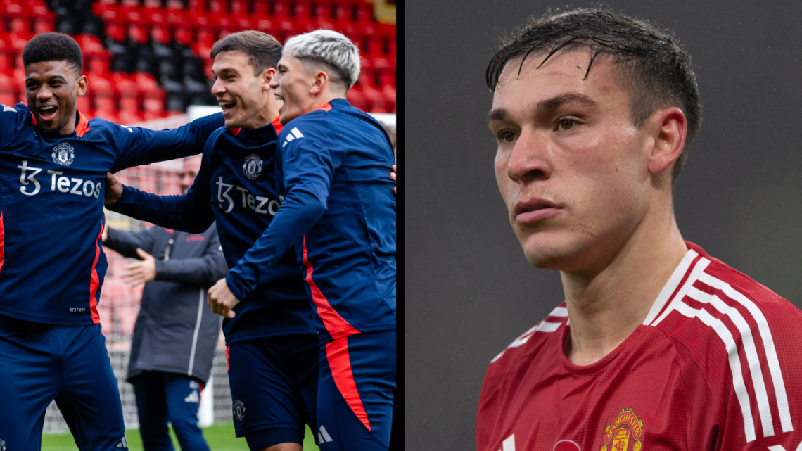 LONDON, ENGLAND - OCTOBER 26: (EXCLUSIVE COVERAGE) Lisandro Martinez, Amad, Manuel Ugarte, Alejandro Garnacho of Manchester United in action during...