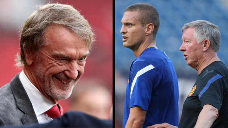 CAMBRIDGE, MA - JULY 12: (L-R) Nemanja Vidic and Sir Alex Ferguson of Manchester United in action during an open first team training session at Har...