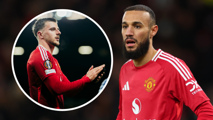 MANCHESTER, ENGLAND - NOVEMBER 28: Noussair Mazraoui of Manchester United during the UEFA Europa League 2024/25 League Phase MD5 match between Manc...