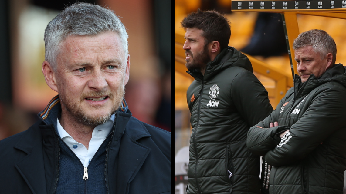 WOLVERHAMPTON, ENGLAND - MAY 23: Manager Ole Gunnar Solskjaer of Manchester United watches from the dugout during the Premier League match between ...