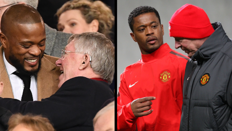 Former French international player Patrice Evra (L) greets Former Manchester United manager Alex Ferguson ahead of the first leg of the UEFA Champi...