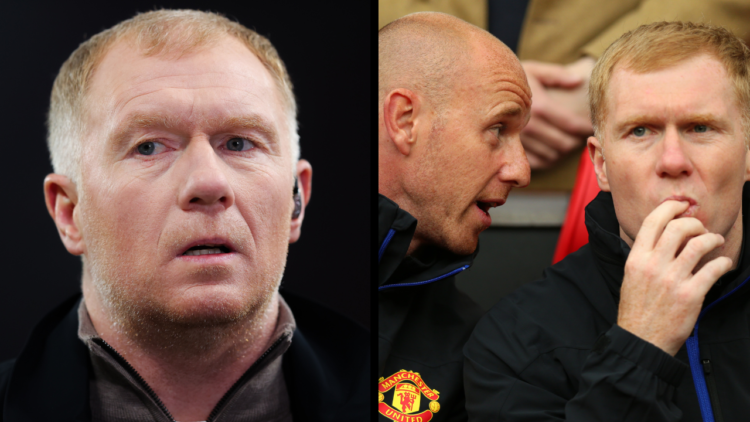Nicky Butt and Paul Scholes of Manchester United (Photo by Matthew Ashton/AMA/AMA/Corbis via Getty Images), including a side-by-side image of Manch...