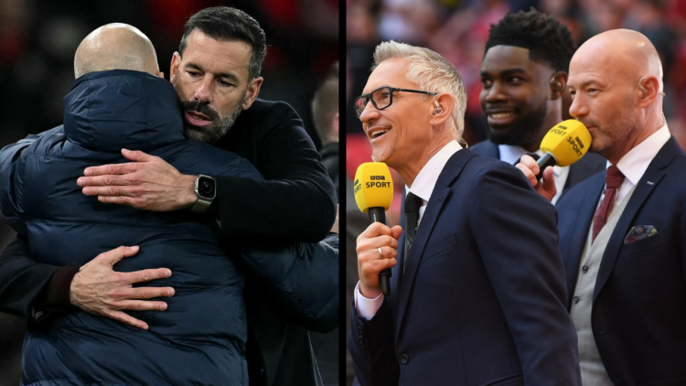 LONDON, ENGLAND - APRIL 16: Sports Broadcaster, Gary Lineker and pundits Danny Murphy, Micah Richards and Alan Shearer react prior to The Emirates ...