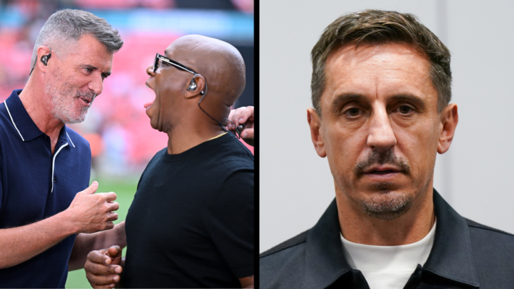 LONDON, ENGLAND - AUGUST 10: Pundits and former football players Roy Keane and Ian Wright share a joke prior to the 2024 FA Community Shield match ...