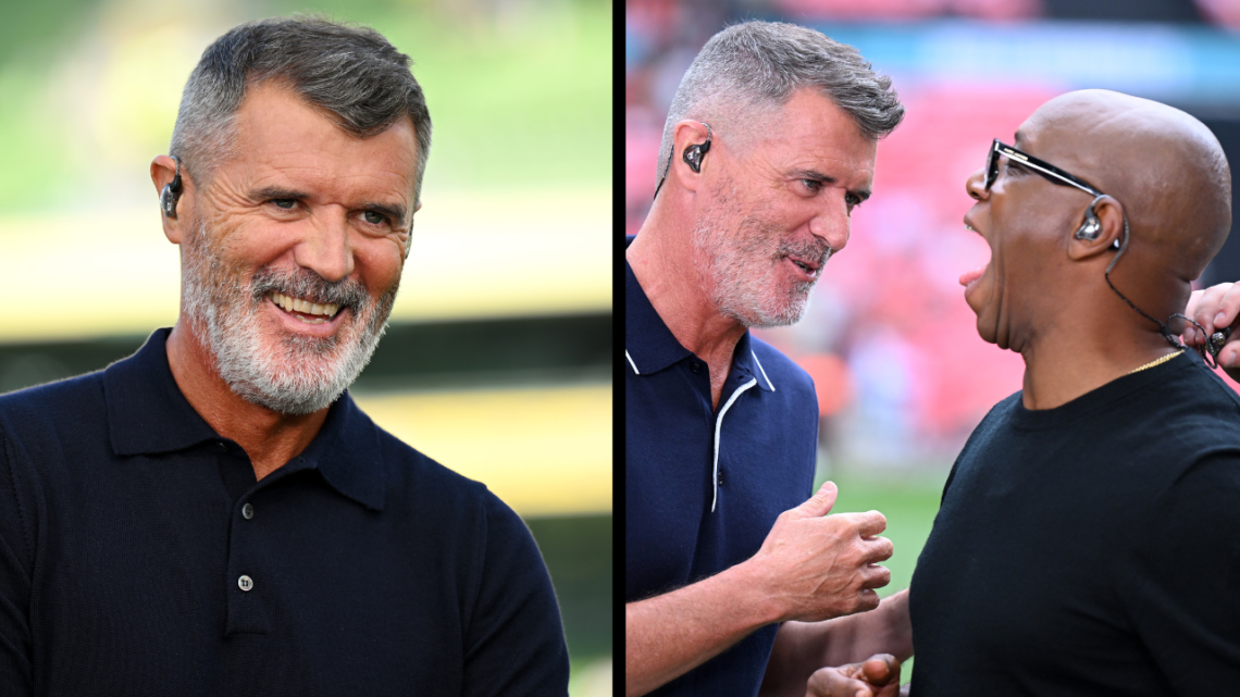 LONDON, ENGLAND - AUGUST 10: Pundits and former football players Roy Keane and Ian Wright share a joke prior to the 2024 FA Community Shield match ...