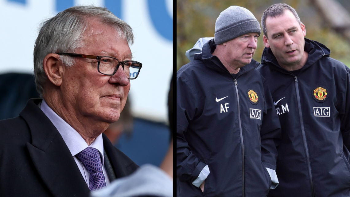 MANCHESTER, ENGLAND - OCTOBER 23: Sir Alex Ferguson and Rene Meulensteen of Manchester United talk during a First Team Training Session at Carringt...