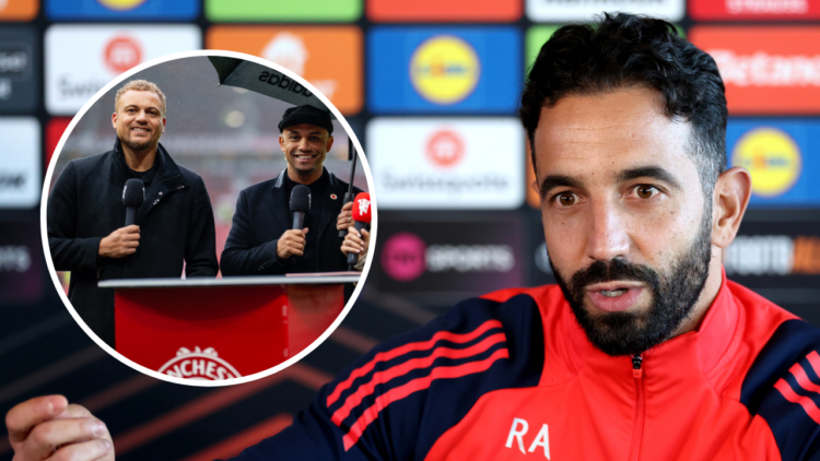 MANCHESTER, ENGLAND - NOVEMBER 27: Ruben Amorim, Manager of Manchester United, speaks to the media during the UEFA Europa League 2024/25 League Pha...