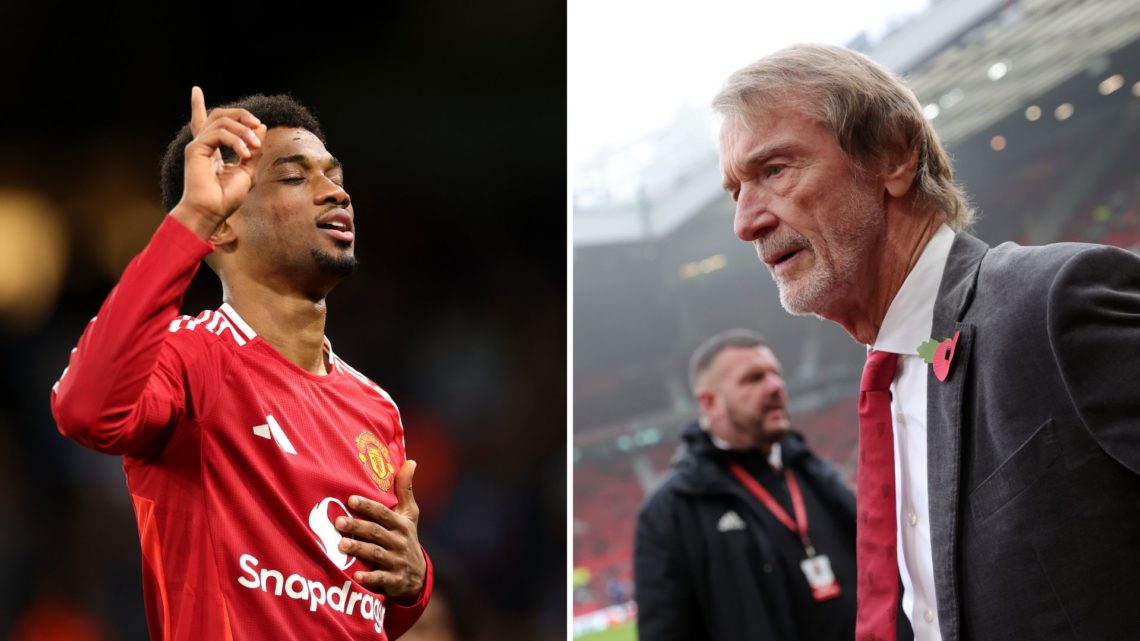 Amad celebrating goal for Man Utd, Sir Jim Ratcliffe at Old Trafford