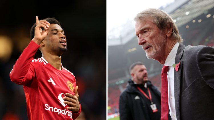 Amad celebrating goal for Man Utd, Sir Jim Ratcliffe at Old Trafford