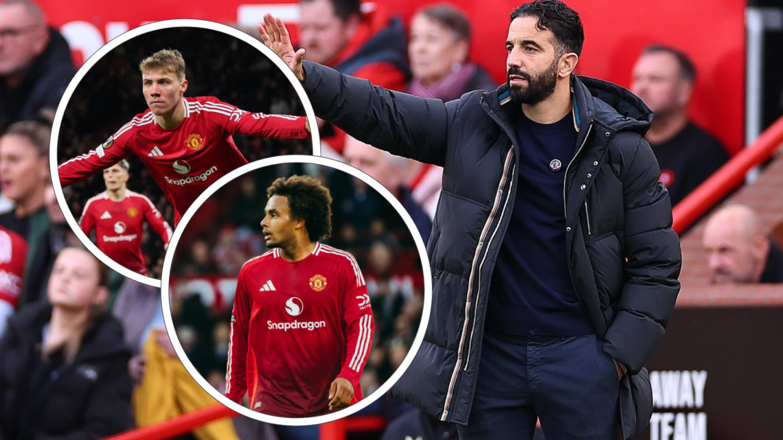 Ruben Amorim stands with arm outstretched at Old Trafford. Inset, Rasmus Hojlund both arms out celebrates, inset Joshua Zirkzee in red shirt