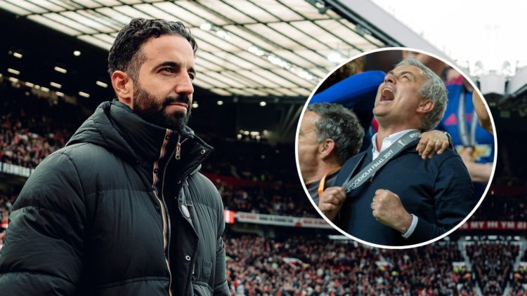 Ruben Amorim, and inset Jose Mourinho as Man Utd boss in 2017 looking happy